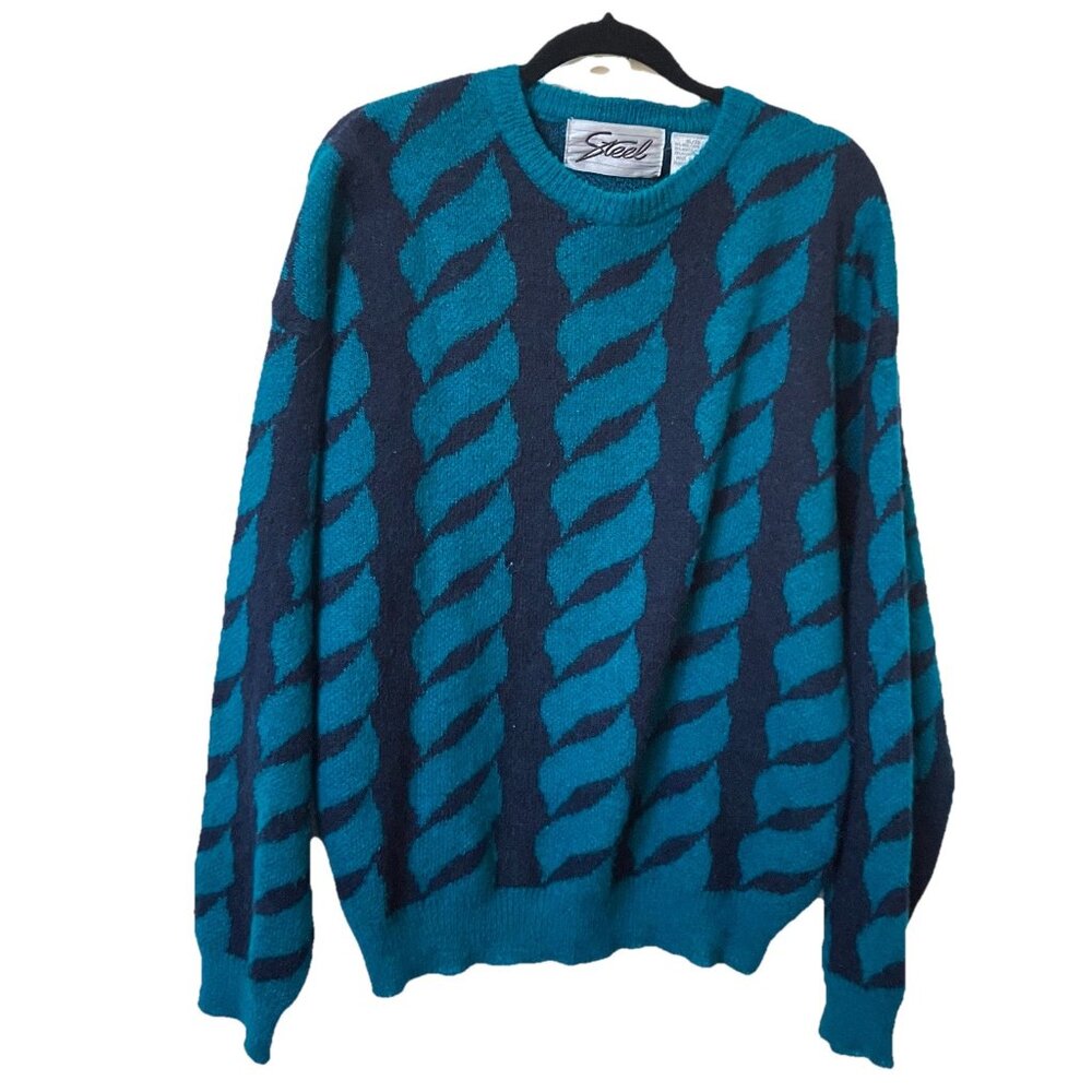 Vintage Steel Sweater‎ Womens XL Blue Black Knit Wool Blend Granny Pullover 90s